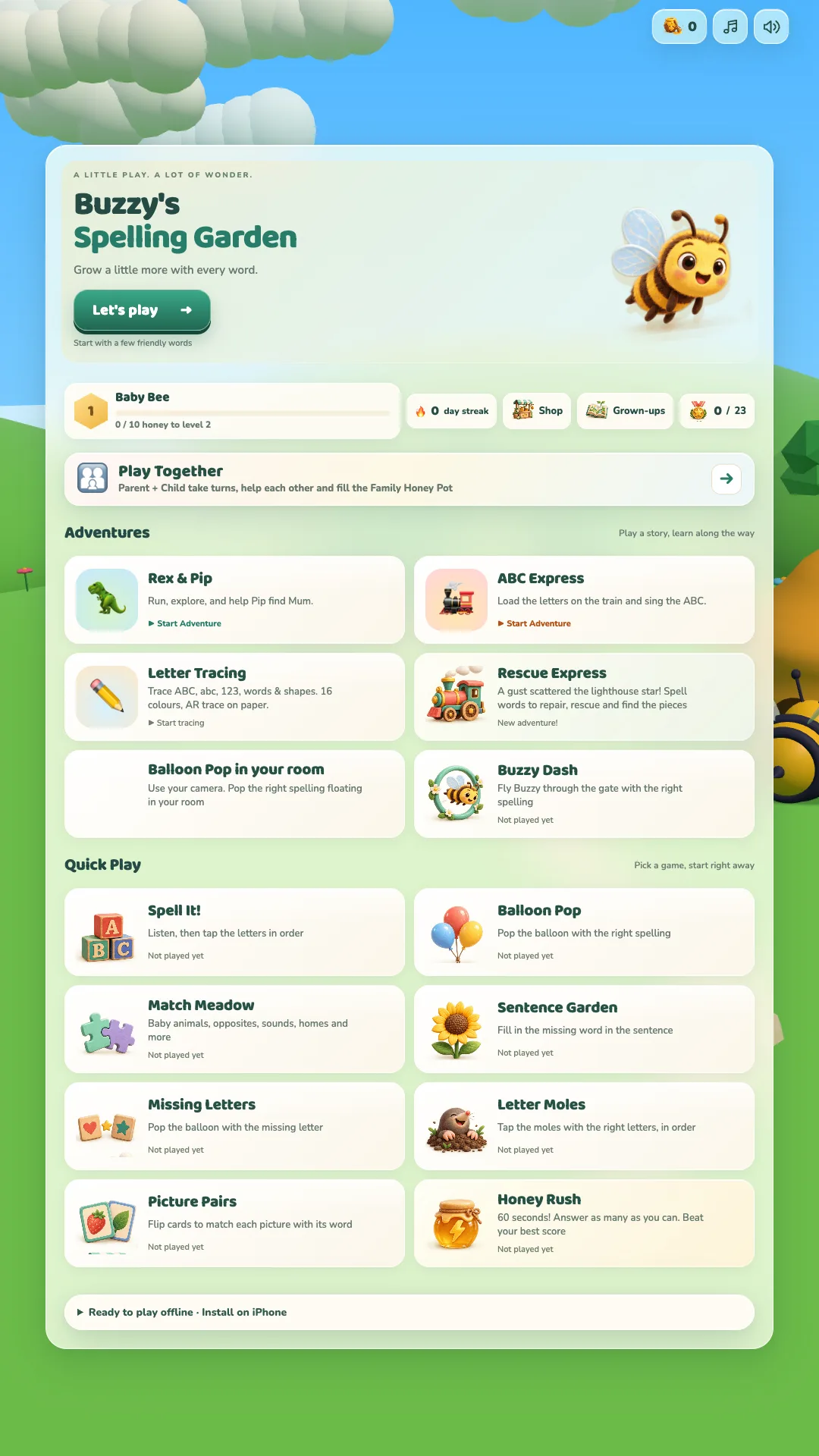 Garden hub menu with adventures and quick play